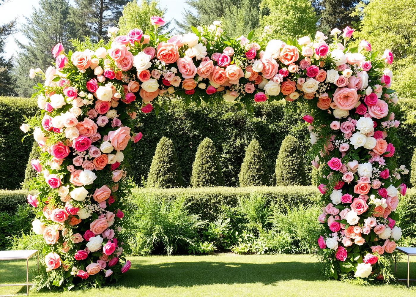 Outdoor floral ceremony arch with abundant pink and coral blooms