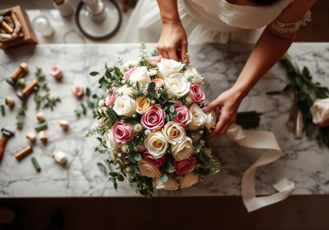Florist building a lush bridal bouquet on a marble workbench