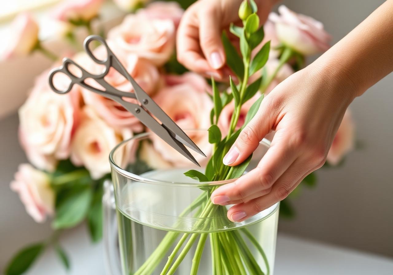 Hands trimming flower stems with floral snips into a clean glass vase of water