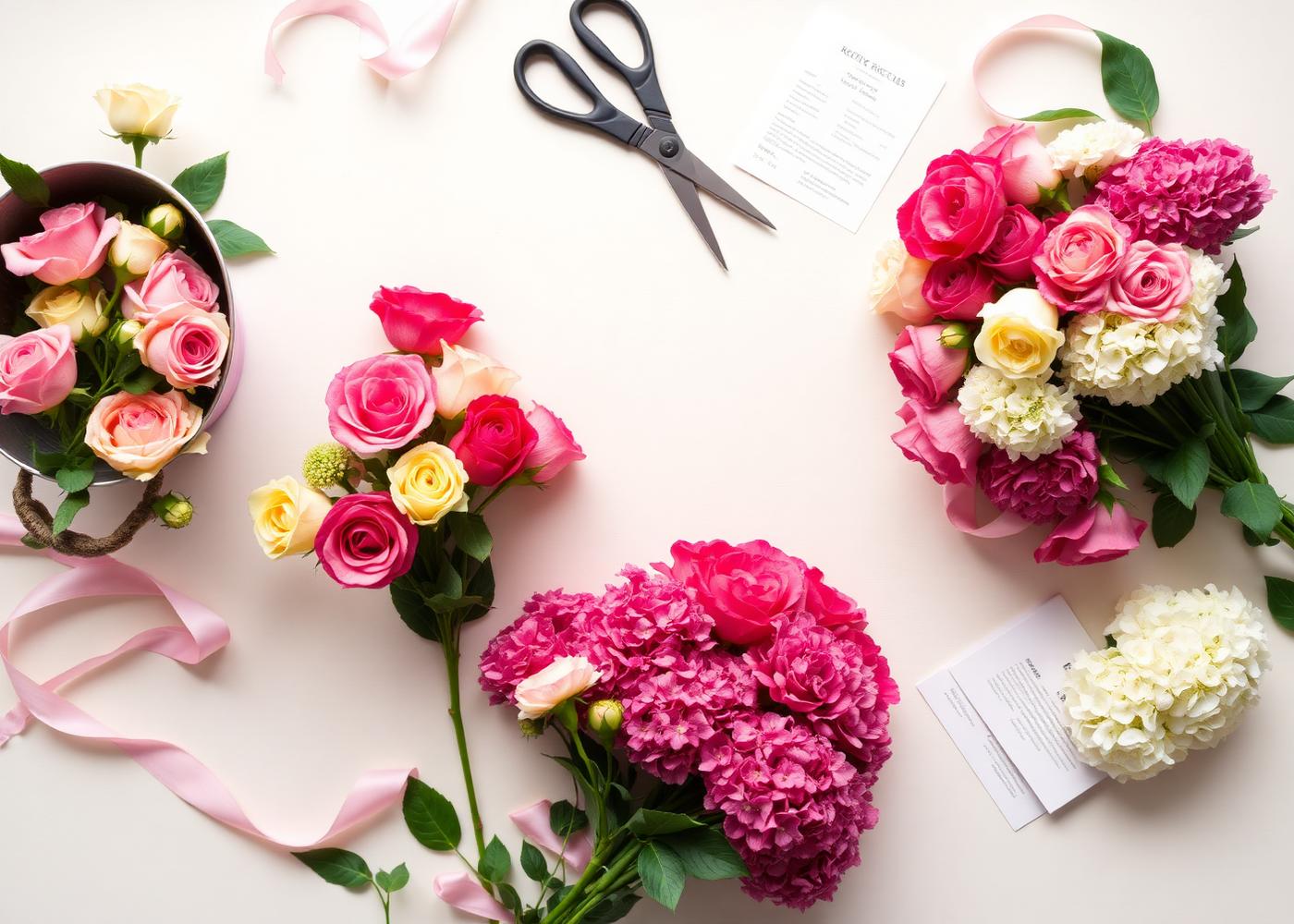 DIY floral prep flat lay with roses, hydrangeas, recipe cards