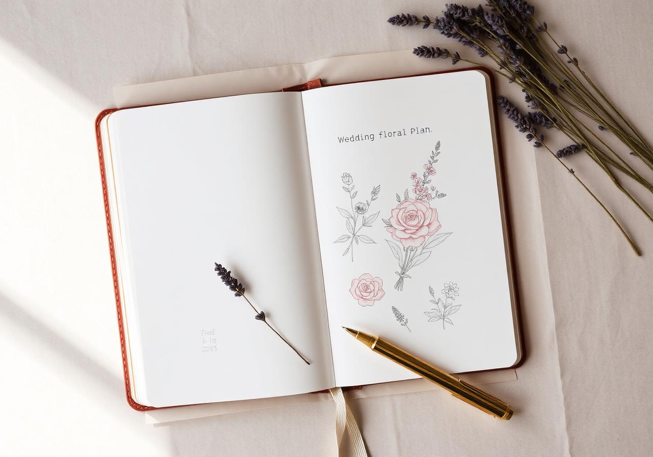 Open wedding floral planning notebook with hand-drawn sketches and dried lavender