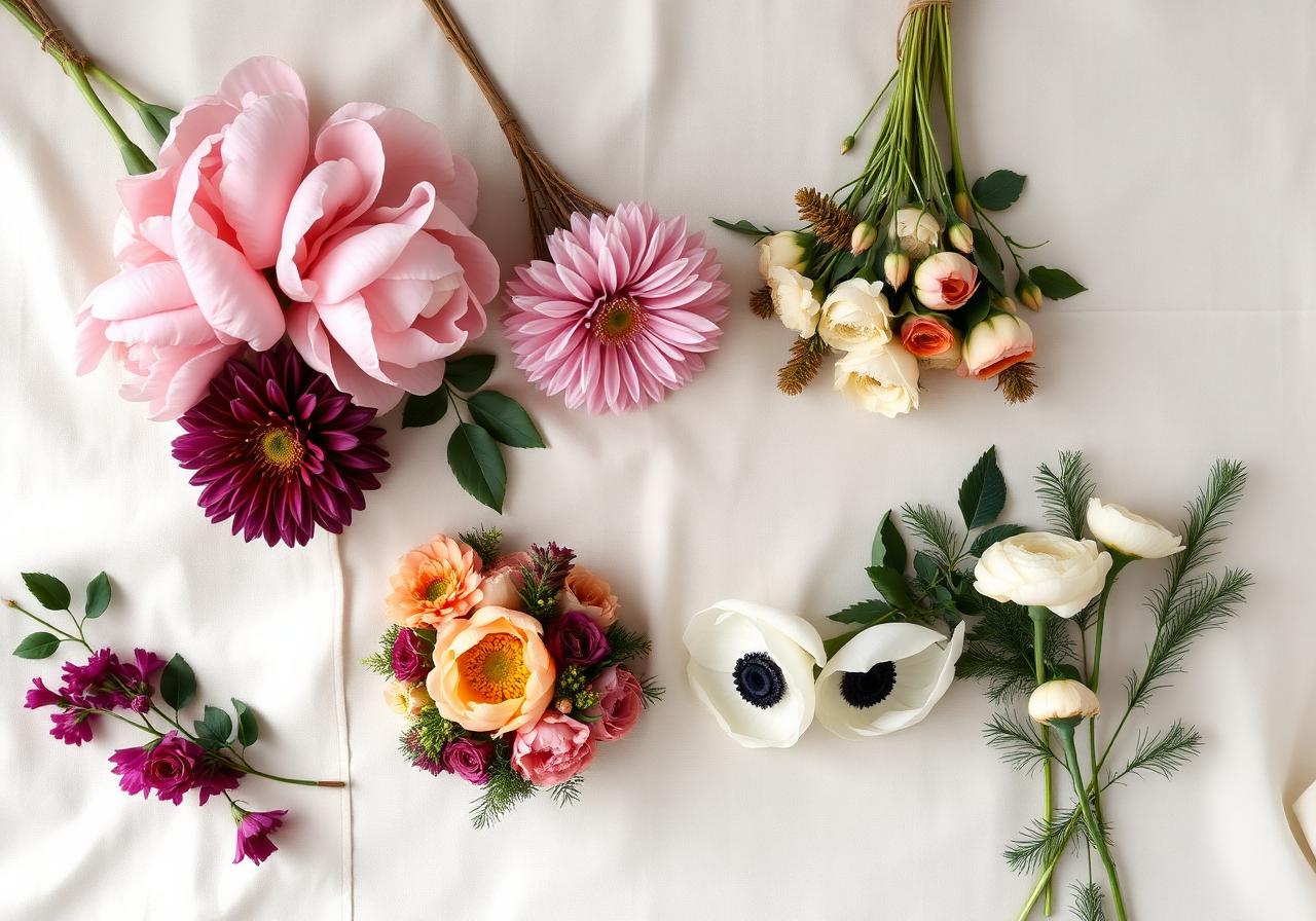 Flat lay of seasonal wedding flowers grouped by season on cream linen